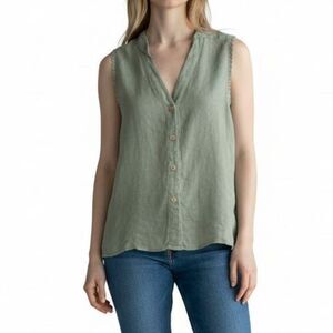 Francesca Bettini 100% Linen Top Large Sage Green Italy Scalloped Crochet Trim